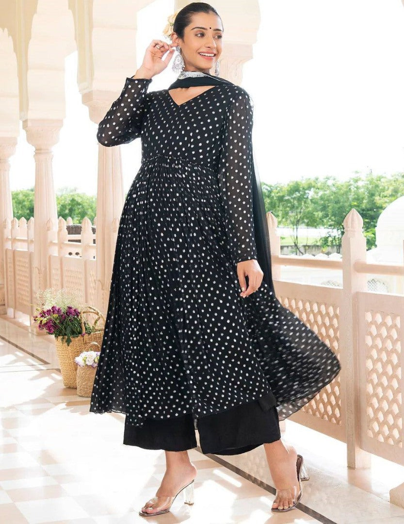 Black georgette white dot printed umbrella flair anarkali suit