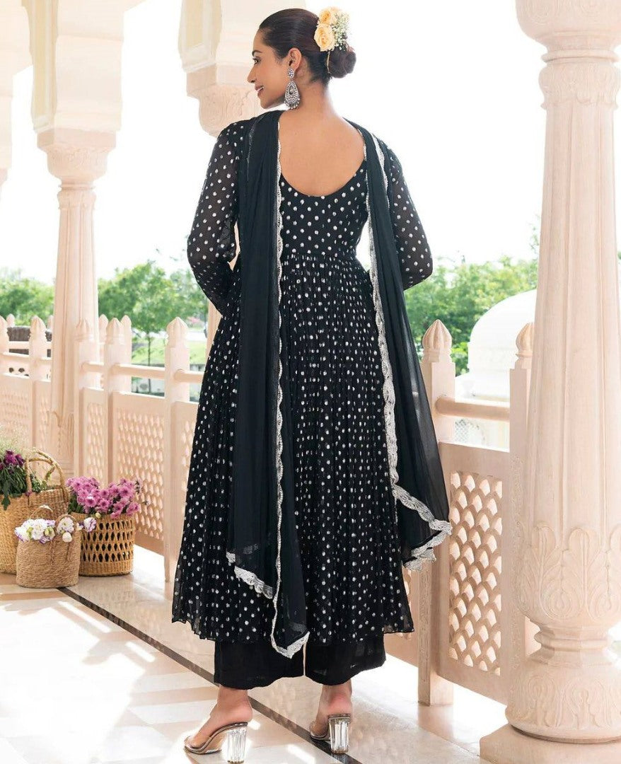 Black georgette white dot printed umbrella flair anarkali suit