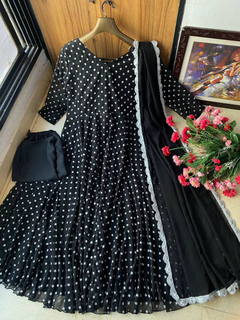 Black georgette white dot printed umbrella flair anarkali suit