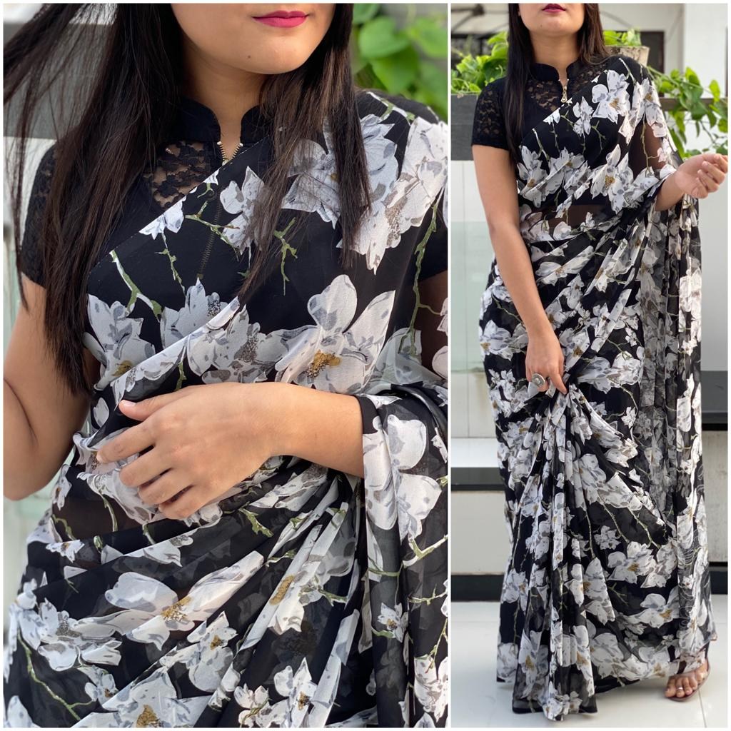 Black georgette white flower printed saree