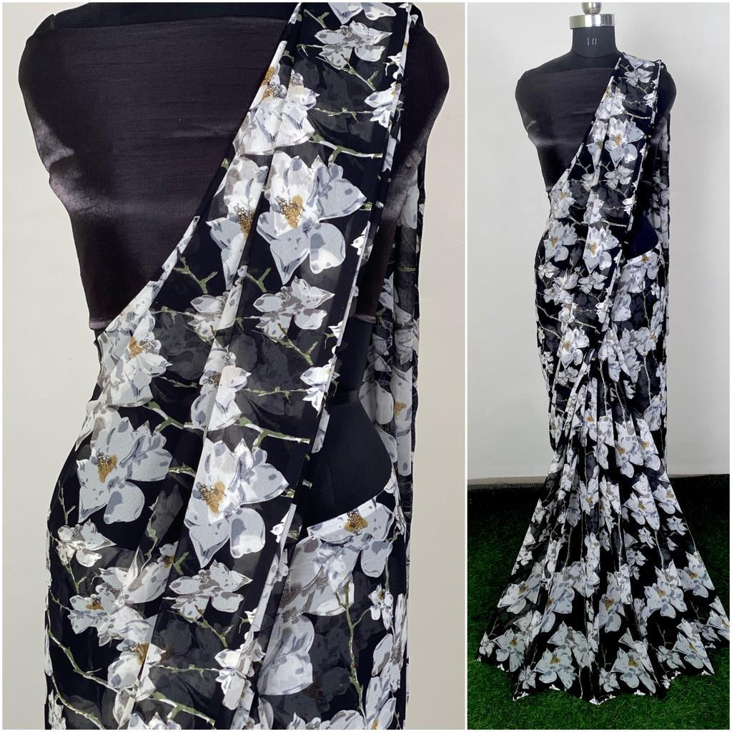 Black georgette white flower printed saree