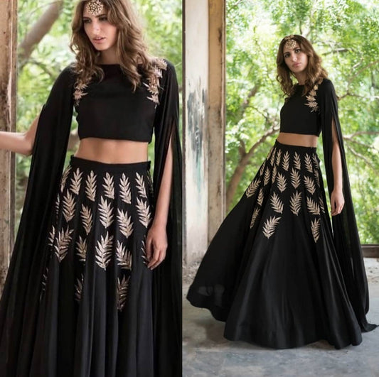 Black georgette zari and sequence embroidered partywear crop top lehenga