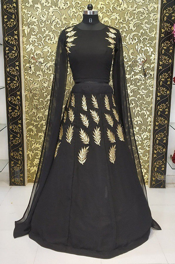 Black georgette zari and sequence embroidered partywear crop top lehenga