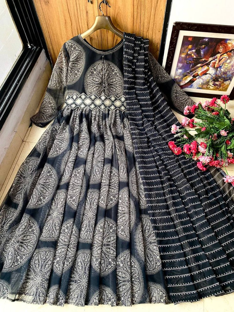 Black georgtte printed party wear gown