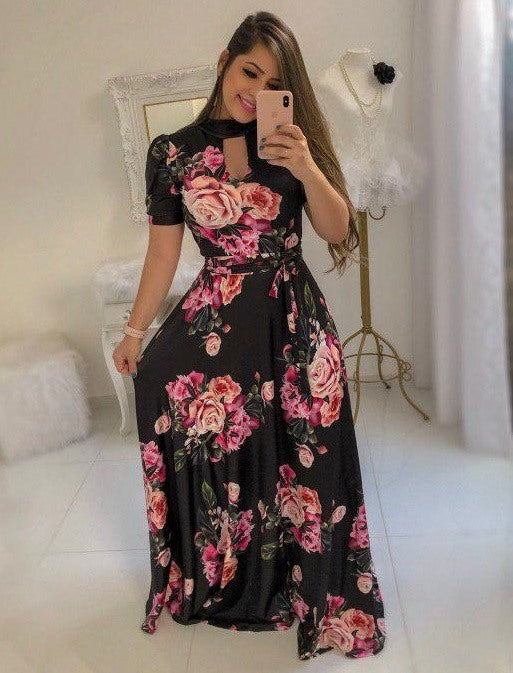 Black heavy american crape rose flower printed gown