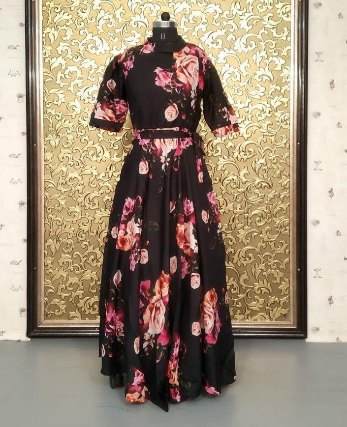 Black heavy american crape rose flower printed gown