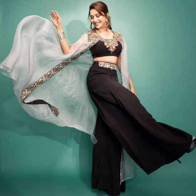 Black heavy american crape thread work plazzo suit with koti