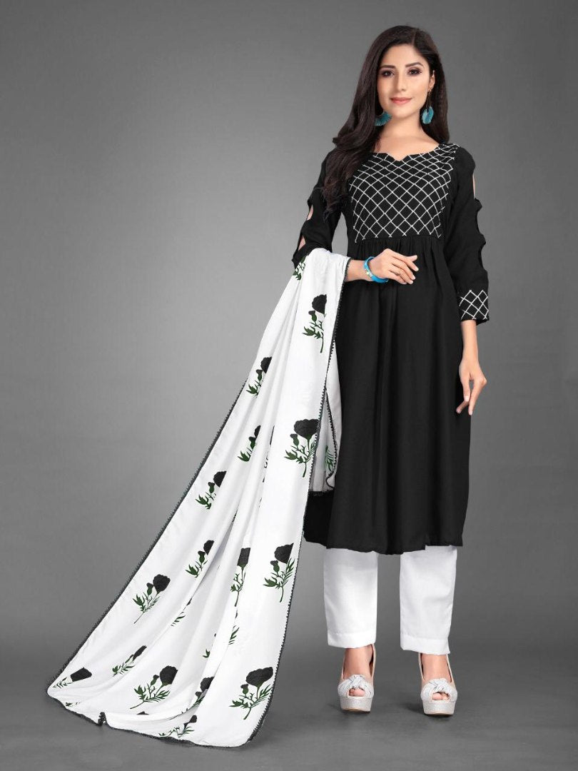 Black heavy cotton kurti with printed dupatta