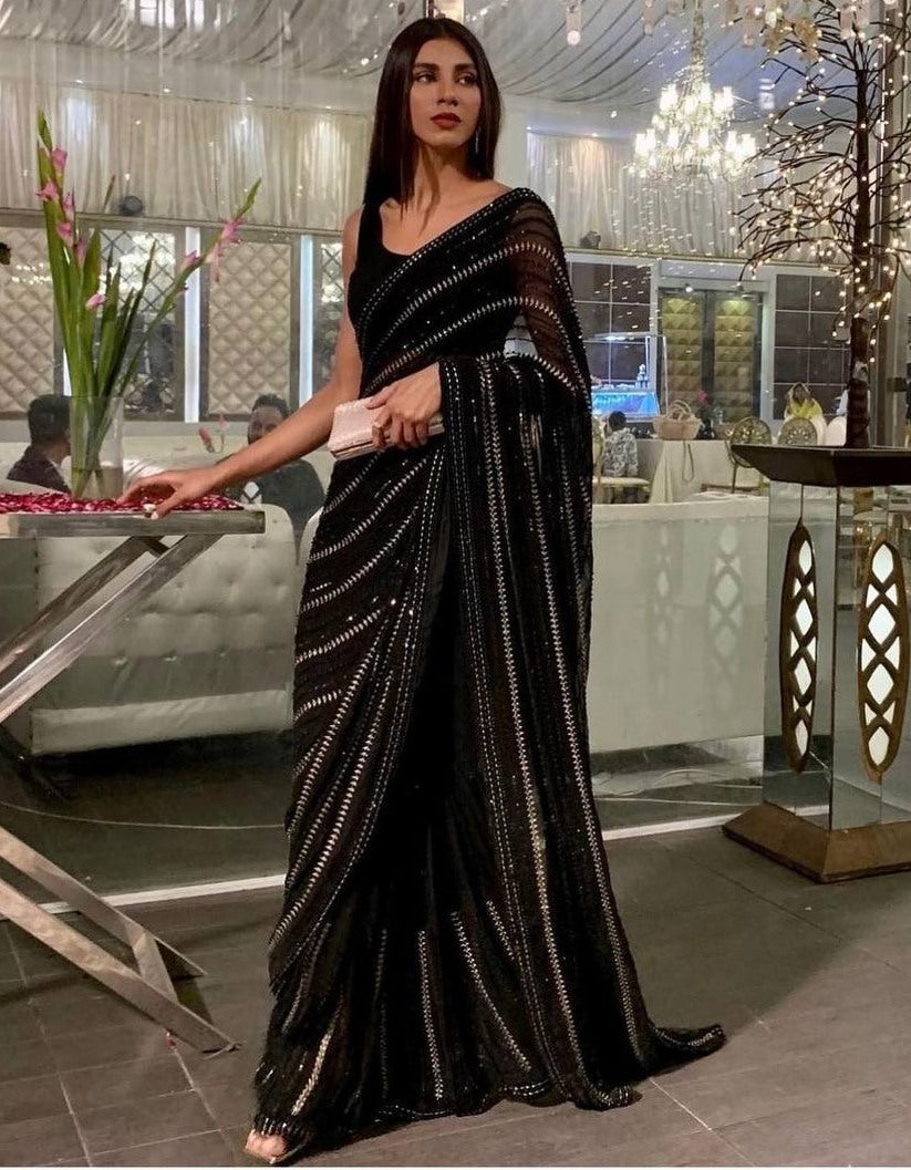 Black heavy embroidered sequence embroidery work party wear saree