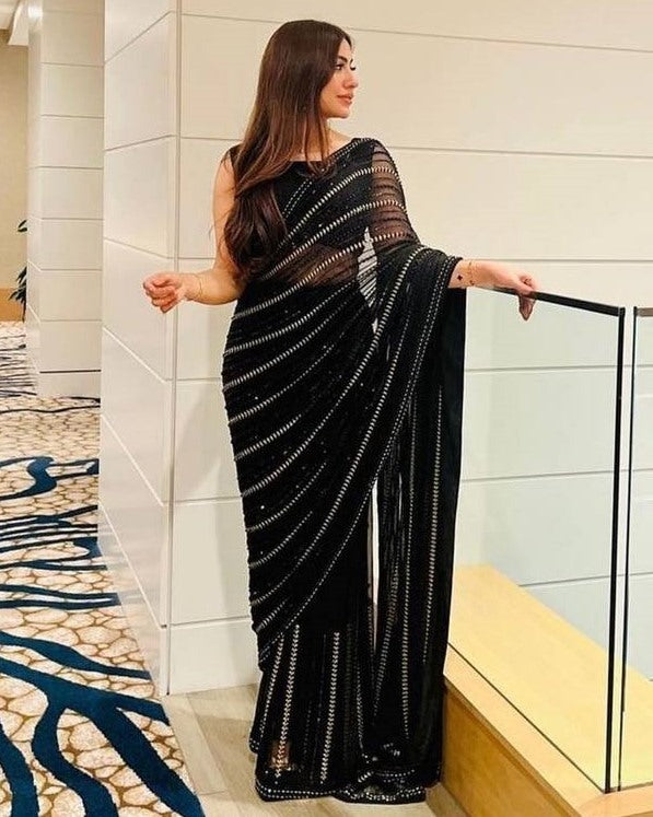 Black heavy embroidered sequence embroidery work party wear saree