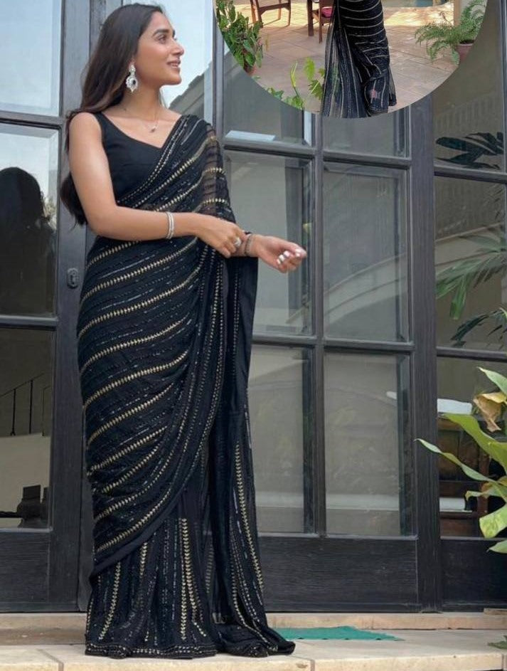 Black heavy embroidered sequence embroidery work party wear saree
