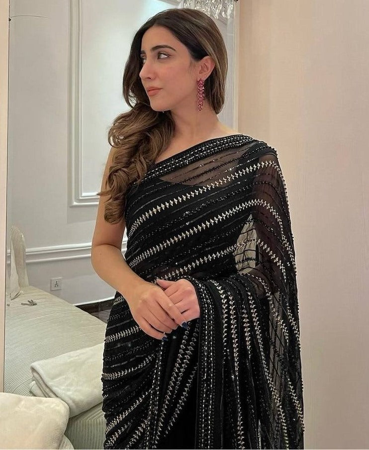 Black heavy embroidered sequence embroidery work party wear saree