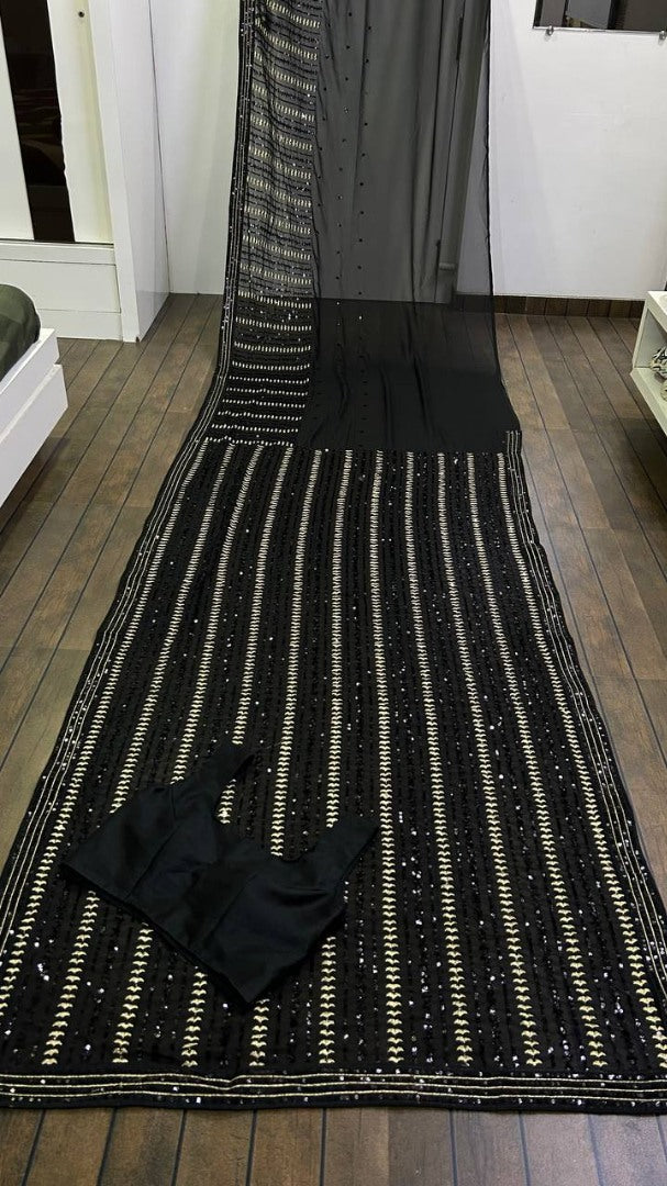 Black heavy embroidered sequence embroidery work party wear saree