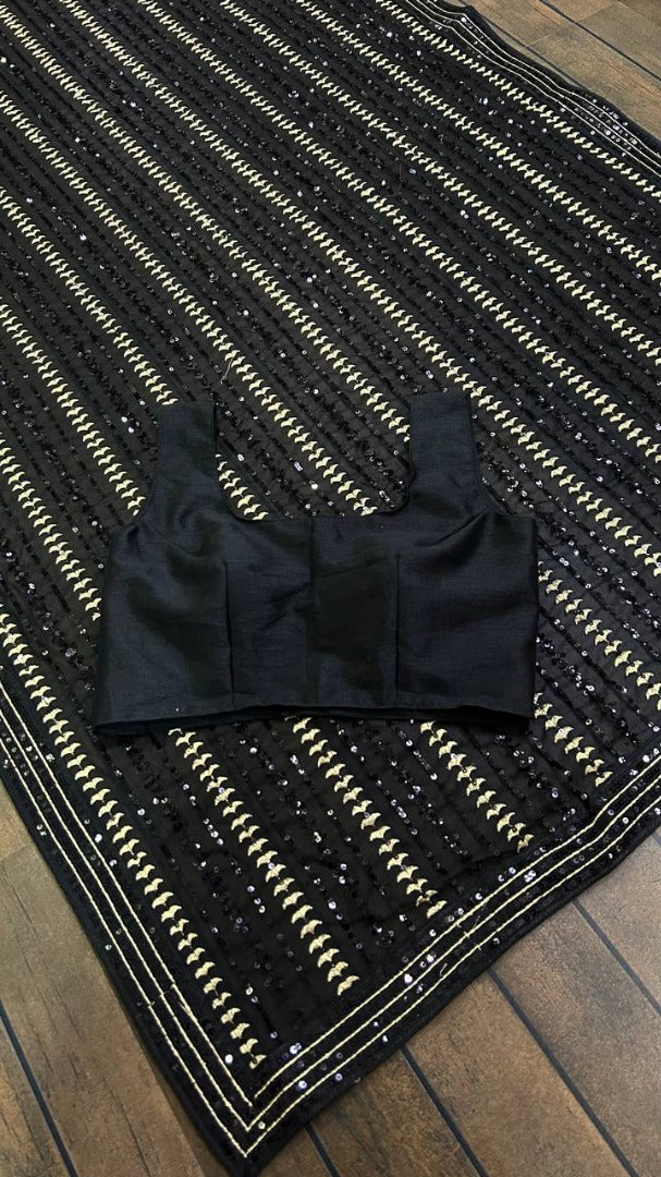 Black heavy embroidered sequence embroidery work party wear saree