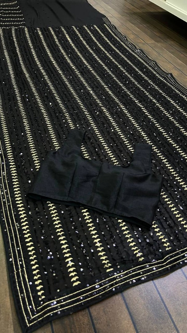 Black heavy embroidered sequence embroidery work party wear saree