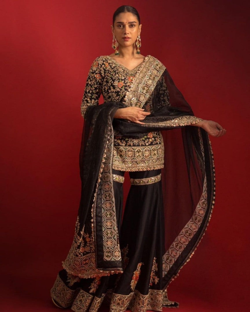 Black heavy embroidery work wedding sharara suit