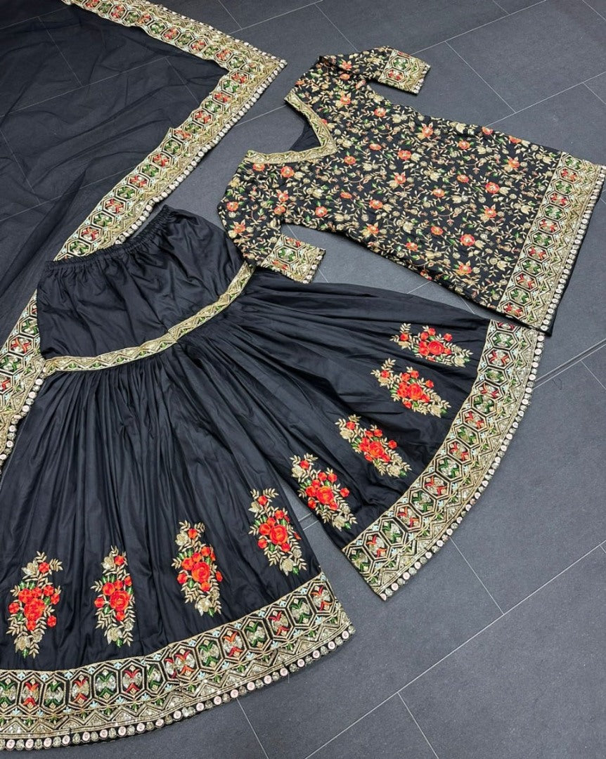 Black heavy embroidery work wedding sharara suit