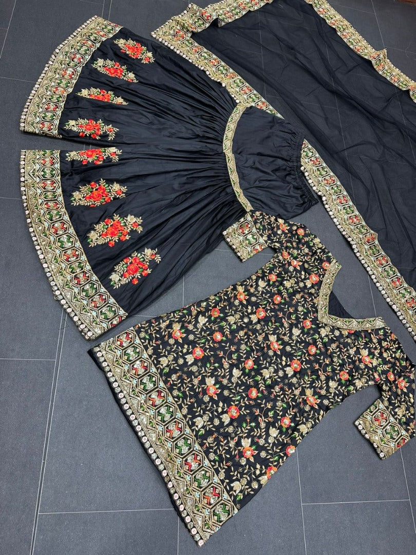 Black heavy embroidery work wedding sharara suit