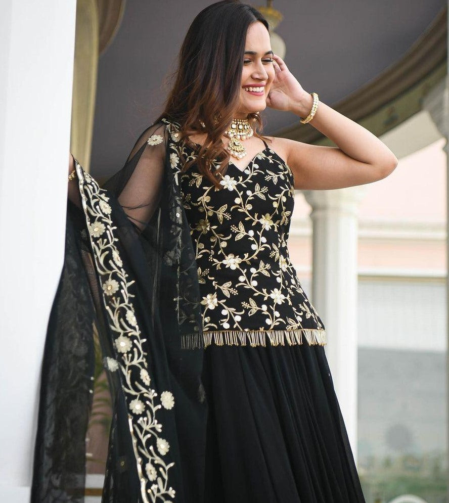 Black heavy georgette fully embroidered handwork lehenga choli