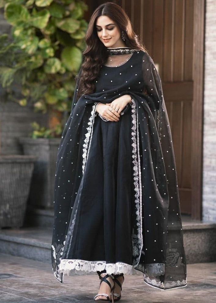 Black heavy georgette lace work gown with designer dupatta