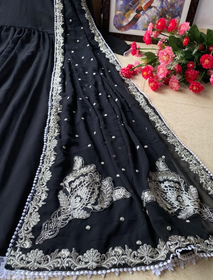 Black heavy georgette lace work gown with designer dupatta
