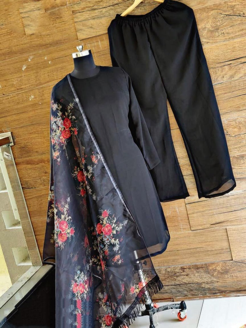 Black heavy georgette stylist plazzo salwar suit with floral printed dupatta