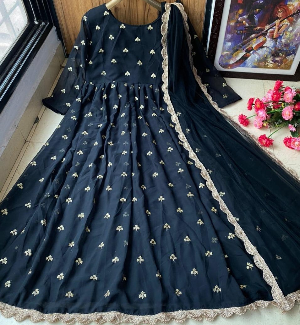 Black heavy georgette with embroidered work party wear gown
