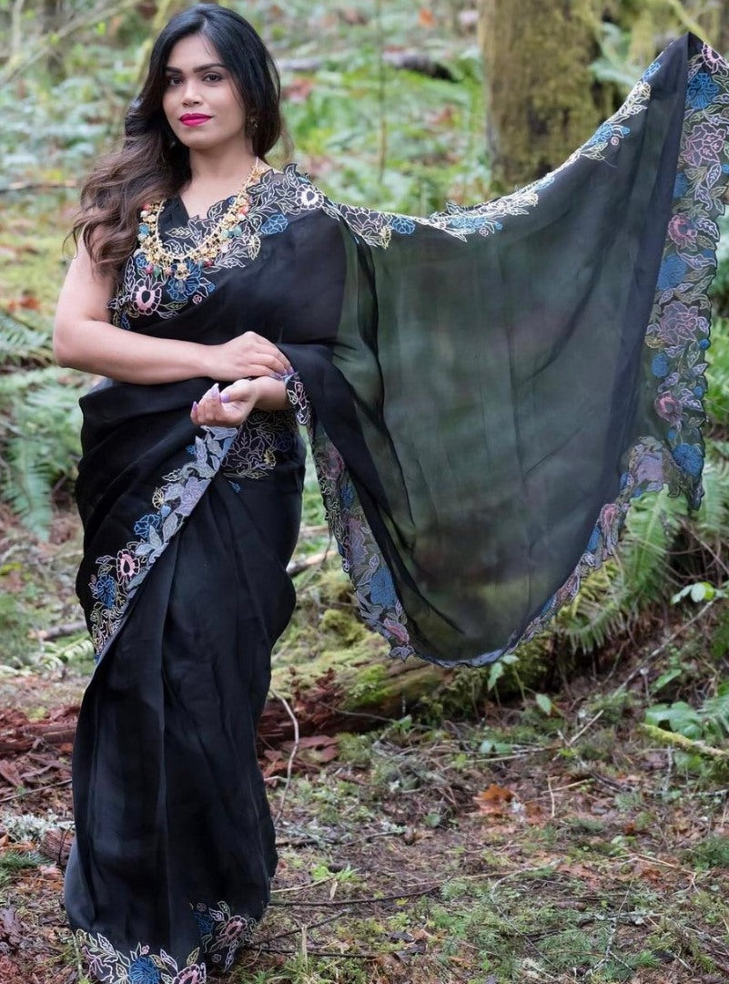 Black heavy organza silk embroidered border work party wear saree