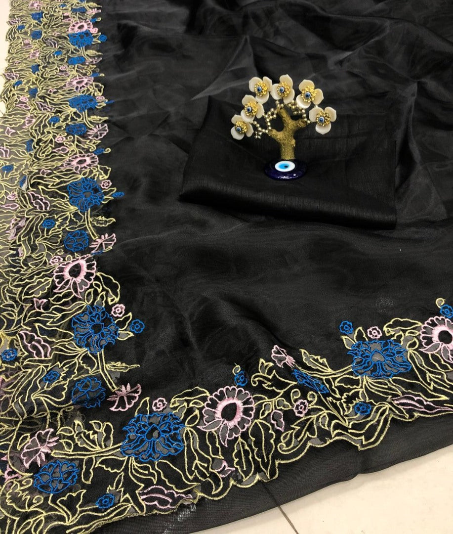 Black heavy organza silk embroidered border work party wear saree