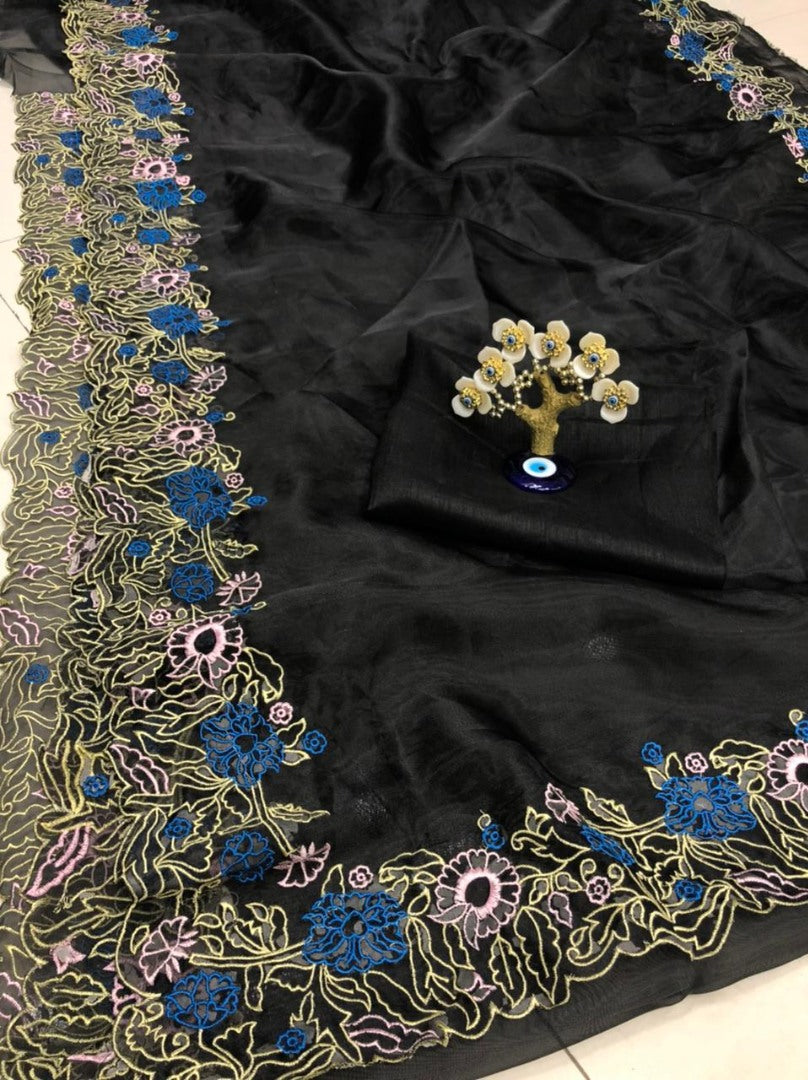 Black heavy organza silk embroidered border work party wear saree