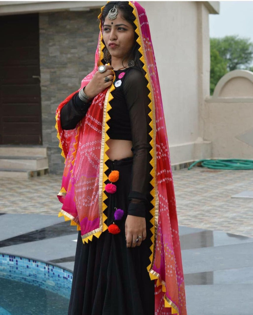 Black heavy rangoli festival lehenga choli with bandhni dupatta