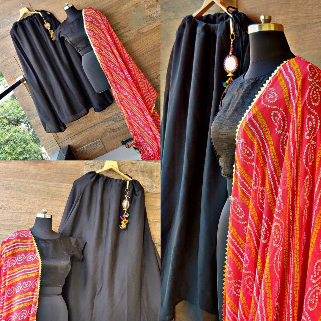 Black heavy rangoli festival lehenga choli with bandhni dupatta