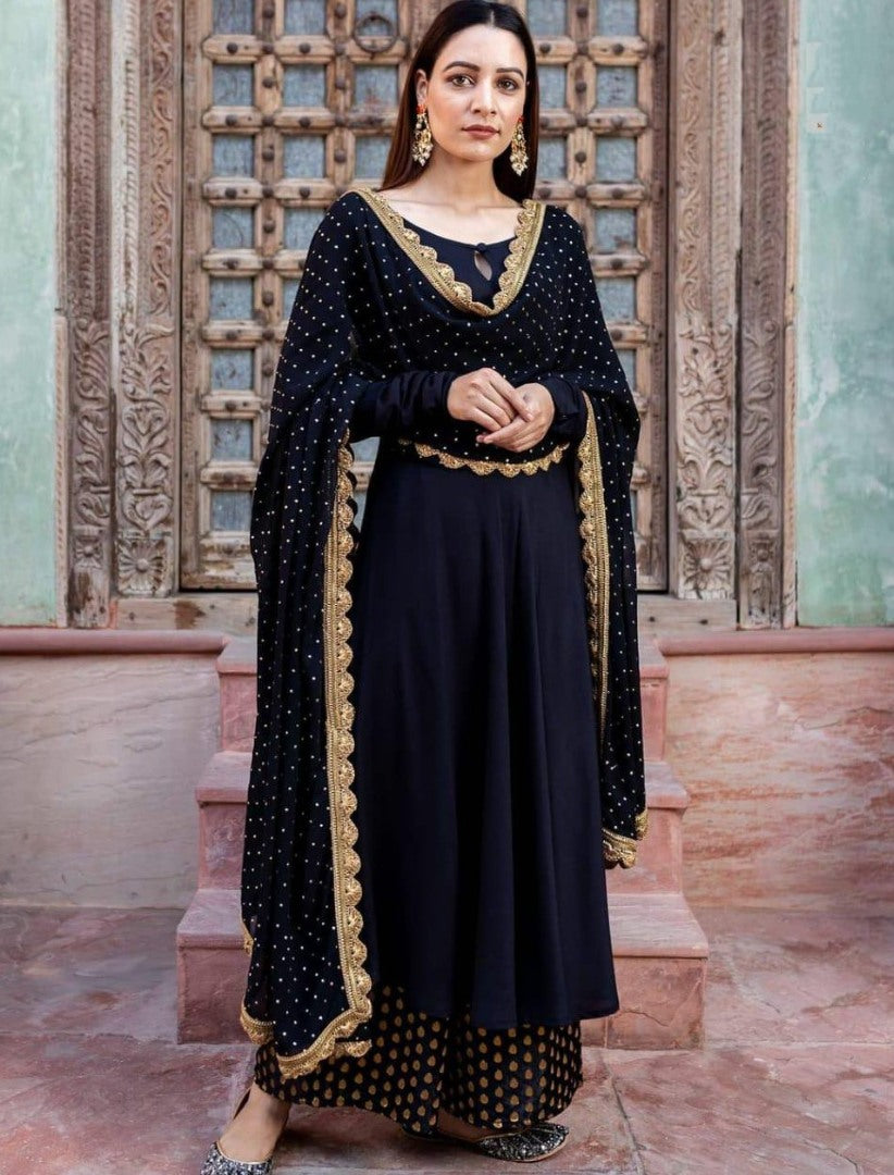 Black heavy rayon golden zari weaving work plazzo suit