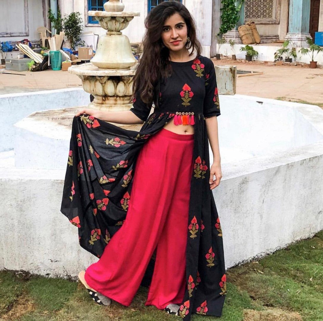 black heavy reyon cotton printed pink plazzo kurti