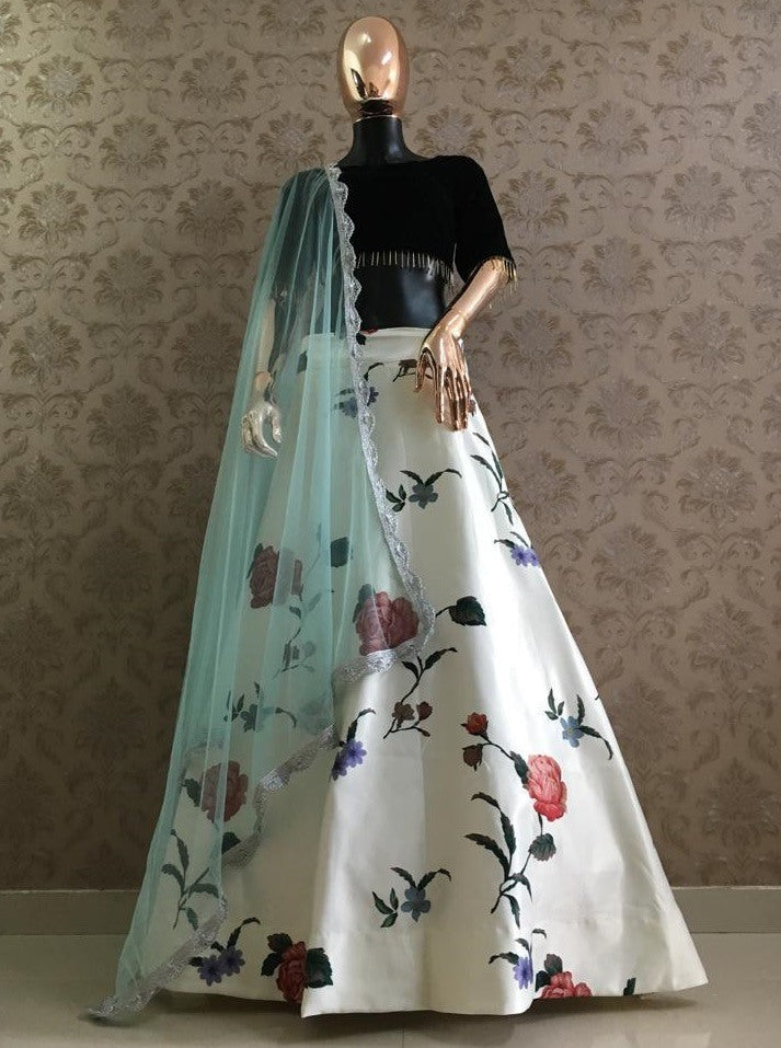 Black heavy satin digital floral printed partywear lehenga choli