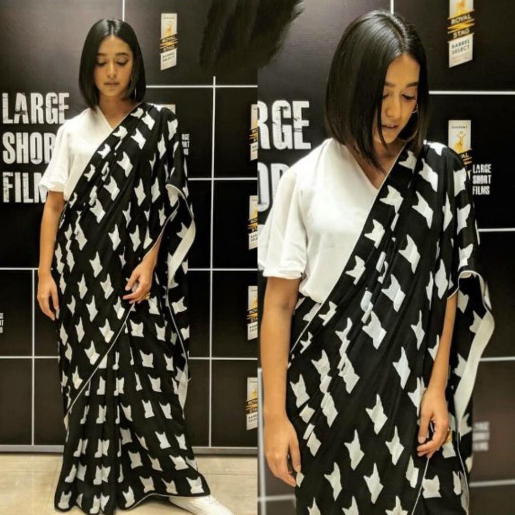 black heavy satin digital printed bollywood style saree