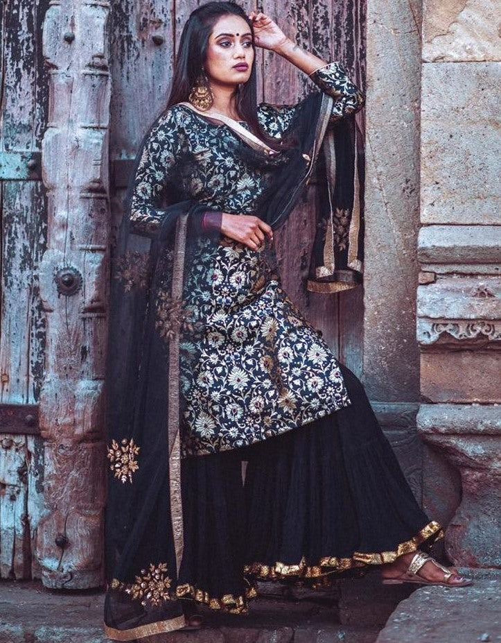 Black heavy satin silk digital printed work sharara suit