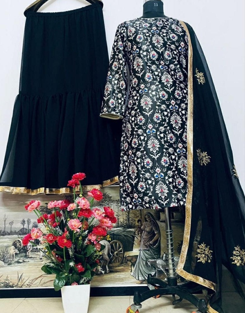 Black heavy satin silk digital printed work sharara suit