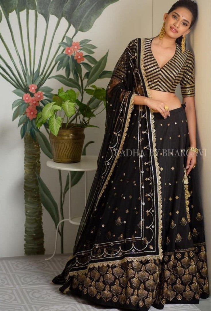 Black heavy tapeta silk designer embroidered ceremonial lehengha