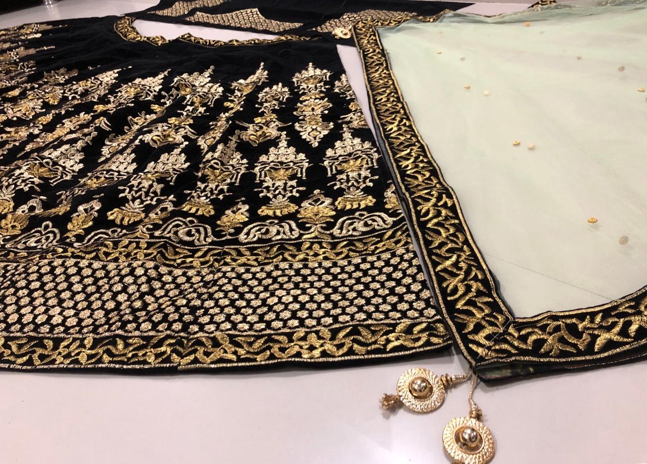 Black heavy velvet embroidered bridal wedding lehenga choli