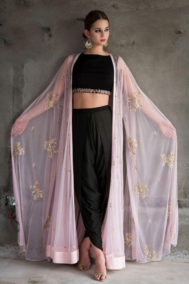 Black indowestern dhoti suit with baby pink embroidered shrug
