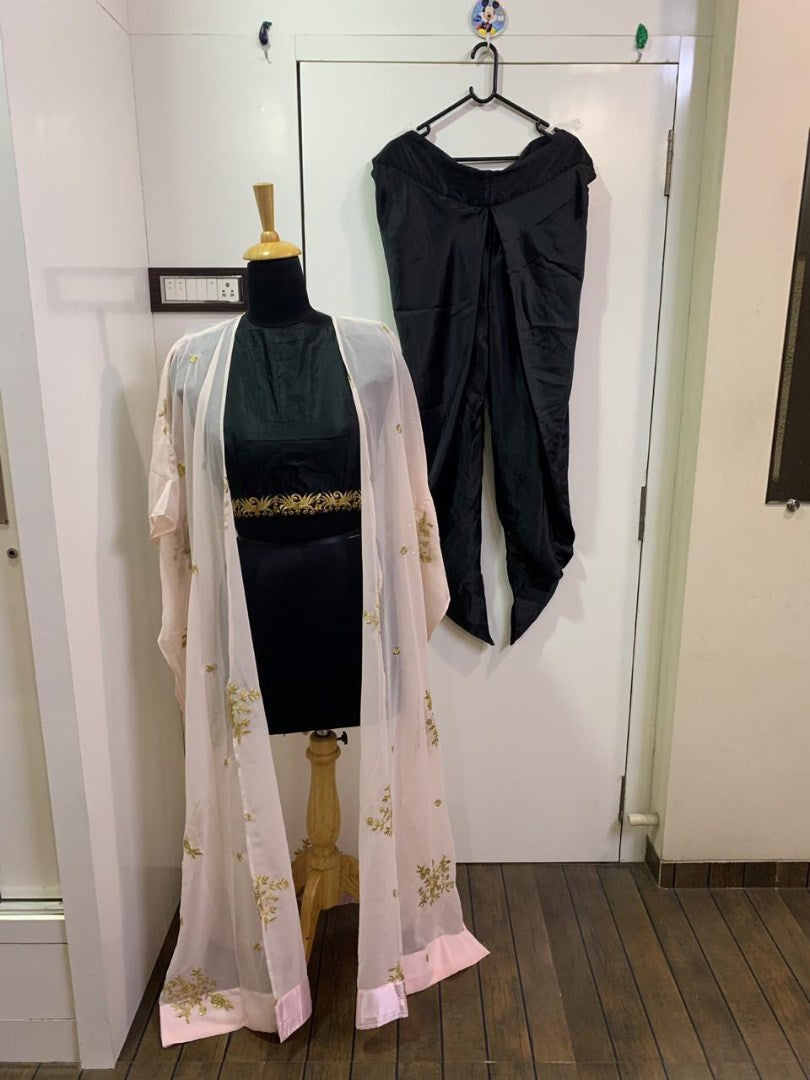 Black indowestern dhoti suit with baby pink embroidered shrug