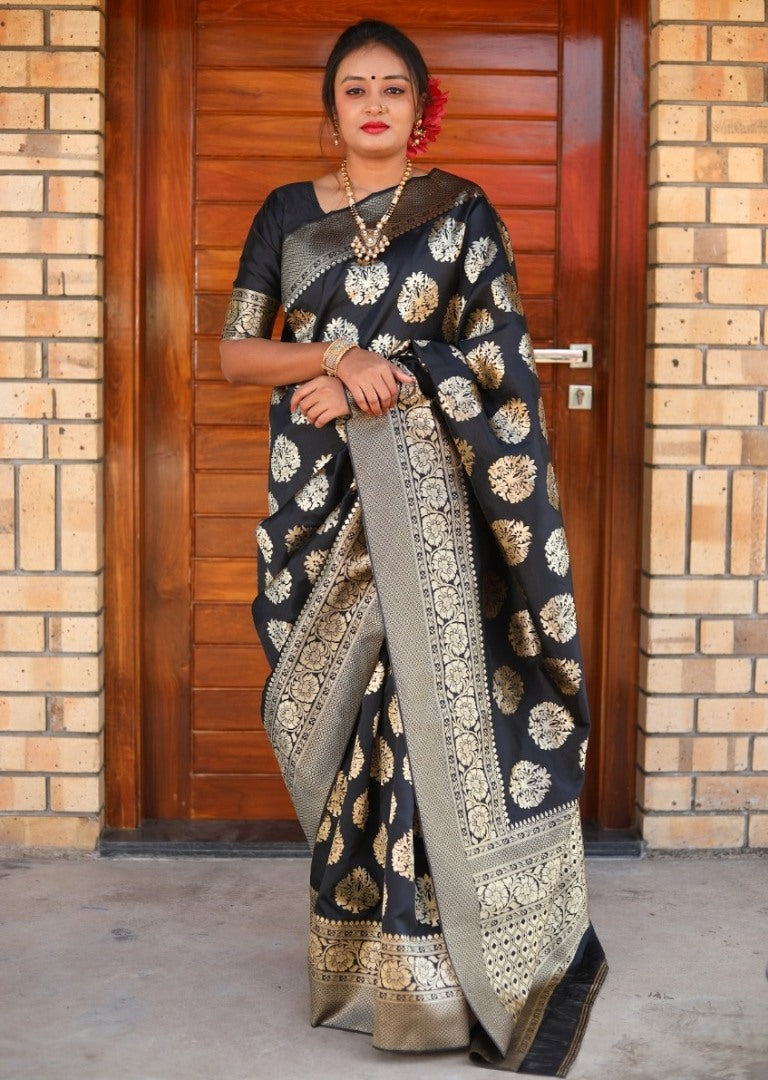 Black jacquard woven silk saree