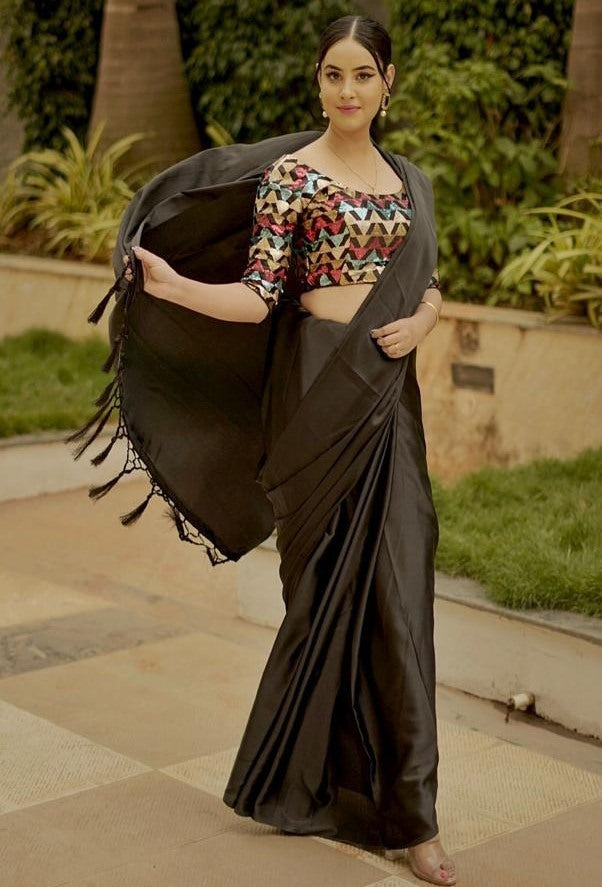 Black japan satin plain partywear saree with heavy sequence blouse