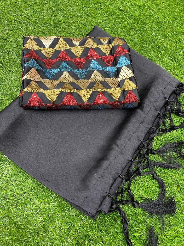Black japan satin plain partywear saree with heavy sequence blouse