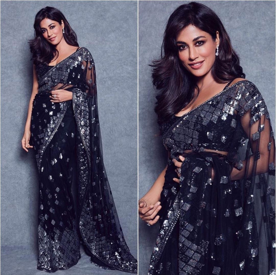 Black mono net sequence worked designer partywear saree