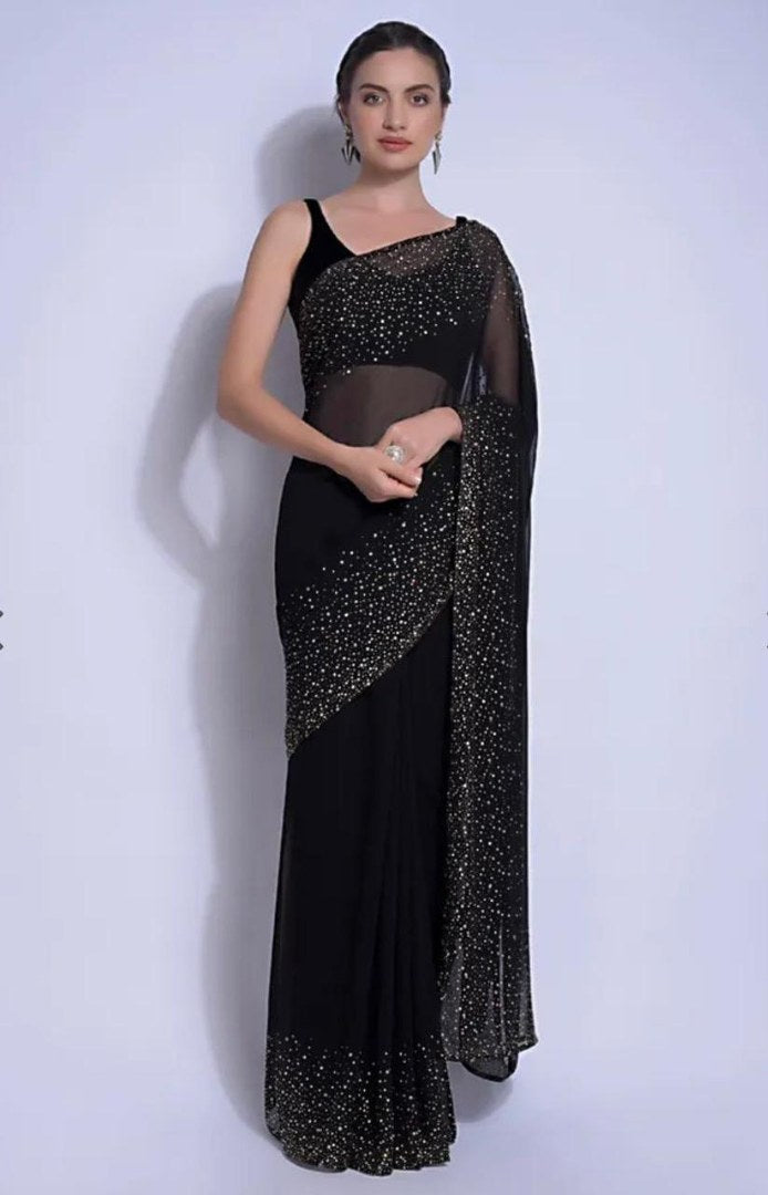 Black moss georgette fix crystal work saree