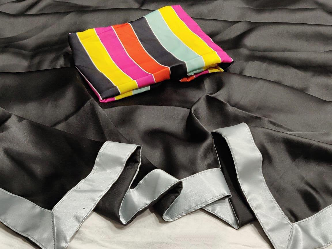 Black moss satin partywear saree with multicolored blouse