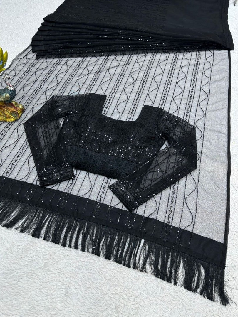 Black net designer party wear saree