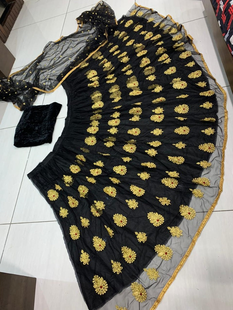 Black net embroidery worked wedding lehenga choli